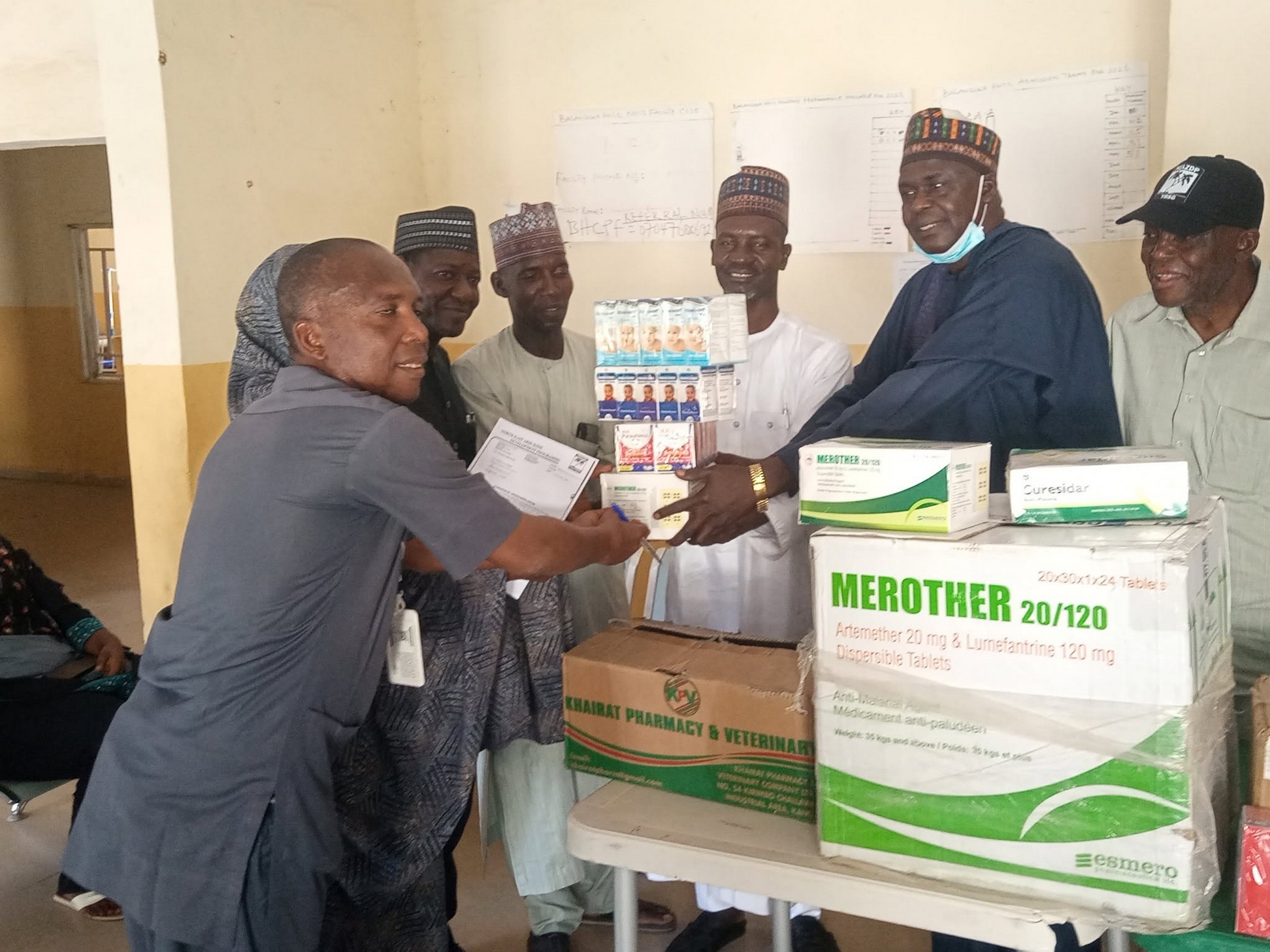 Antimalarial drugs handed over to Primary Health Care Centres serving rural communities.