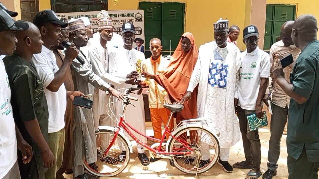 Trophies, bicycles and awards presented to winners of the NEAZDP/CEPES Inter-Junior Secondary School Quiz Competition.